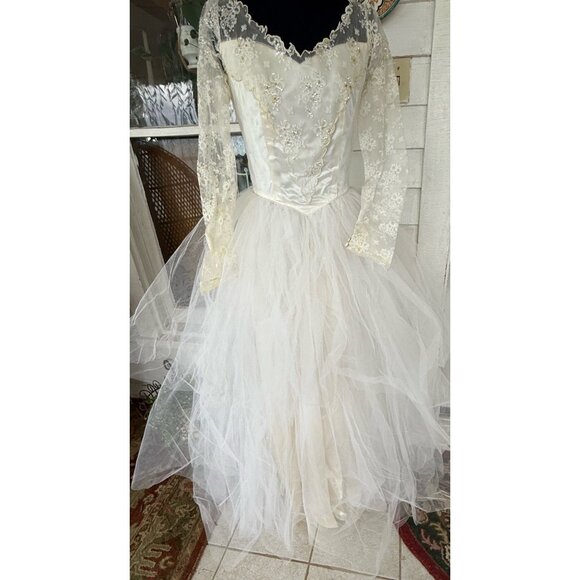Vintage 50's Tulle Lace Tiered Cupcake Wedding Dress Beading Sequins Sz Small - Picture 13 of 16